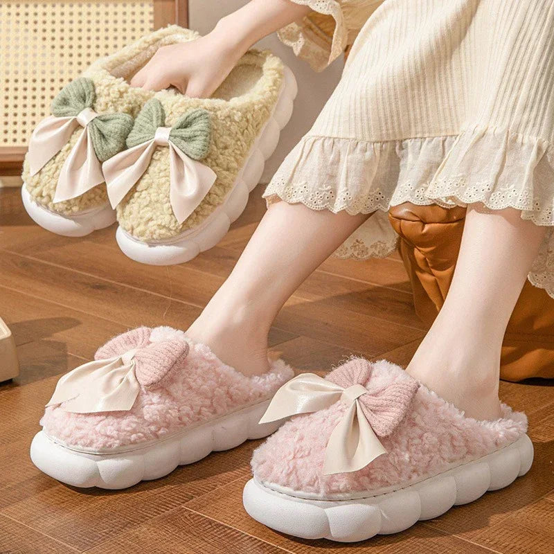 Winter Warm Fur Slippers Cute Bow House Non Slip Soft Shoes Comfort Flat Heel Home Indoor Bedroom Plush Slippers for Women