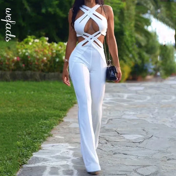 Wefads Jumpsuit Women Fashion Sexy Solid Sleeveless Hollow Out Backless With Button Nipped Waist Flare Pants Rompers Streetwear