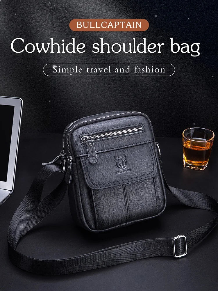 Genuine Leather Men's Shoulder Crossbody Bag Cowhide Casual Korean Style Student Handbag Small Commuter Messenger Bag