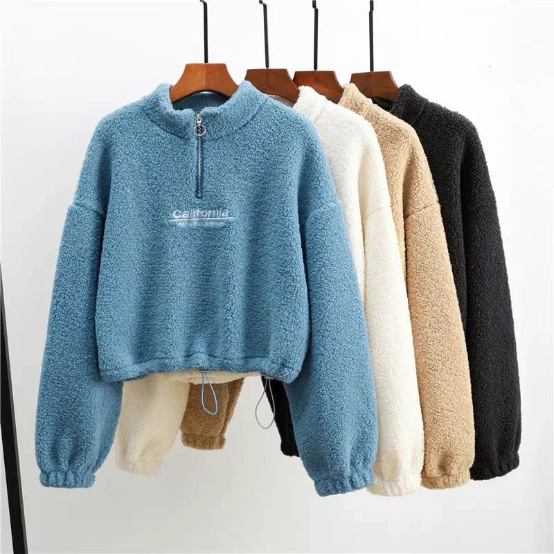 Women Letter Embroidery Stand Neck Fleece Cropped Hoodies Autumn Long Sleeve Drawstring Sweatshirt New Casual Plush Velvet Tops