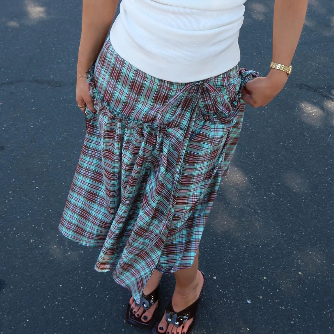 Gaono Women Low Rise Plaid Midi Skirt Lace Up Ruffle Hem A Line Skirt Vintage Tie Up Gingham Tiered Skirt Going Out Streetwear
