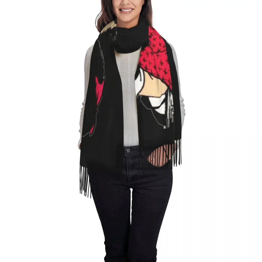 Ladies Long Cute Mafalda Scarves Women Winter Fall Soft Warm Tassel Shawl Wraps Argentine Cartoon Quino Comic Scarf