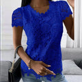 Womens Lace Round Neck Tops T-Shirts Ladies Summer Casual Short Sleeve Blouse Pullover Fashion Clothing For - OneLoveCanada