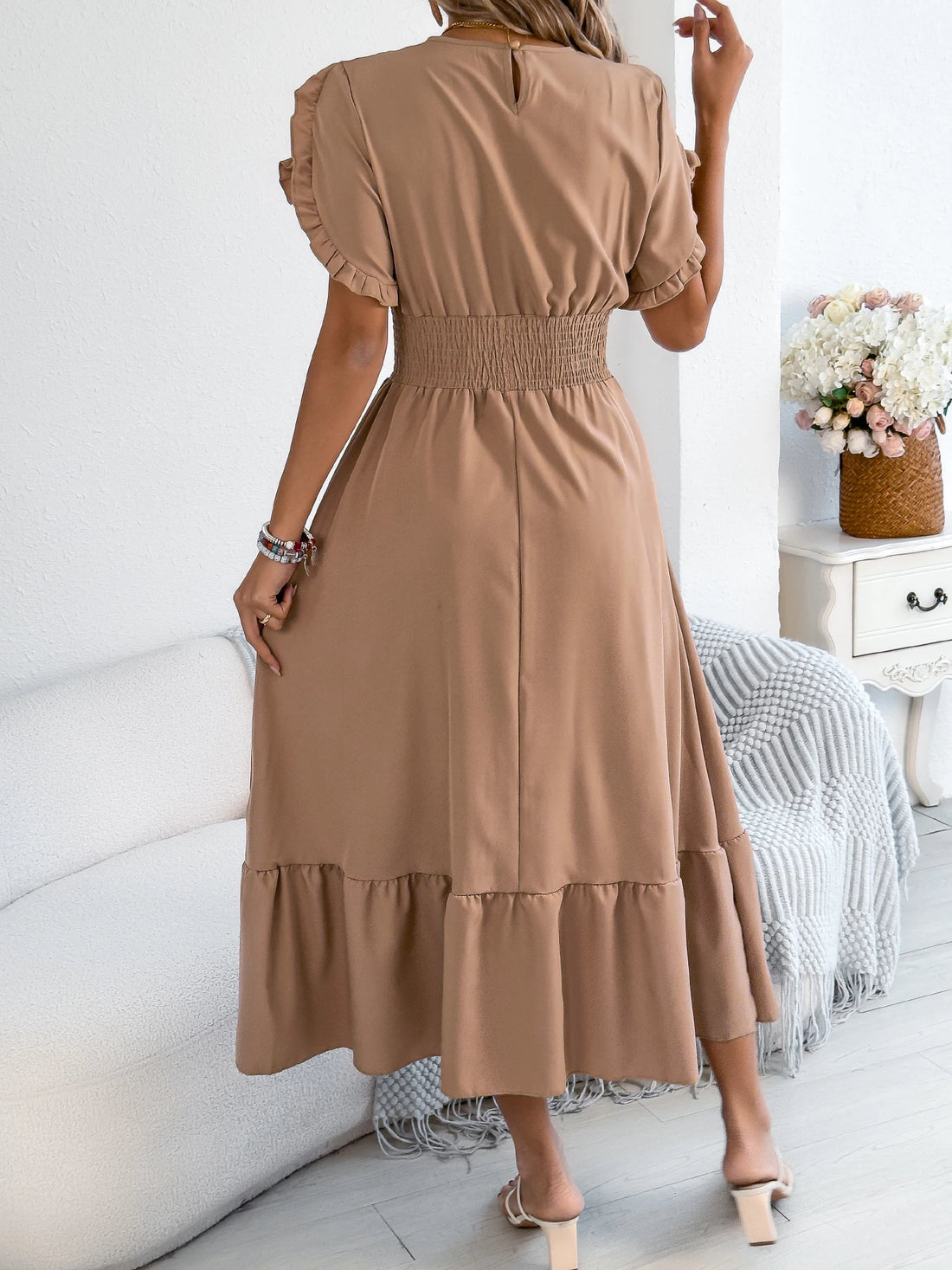 Casual Elegant Round Neck Ruffled Waist Cinched Dress Long Dresses Spring Summer Fashion Women's Gown