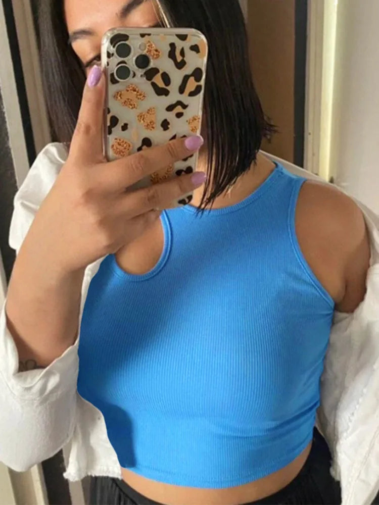 Sexy Rib-knit Tank Top for Women Summer Solid O-neck Sleeveless Crop Tops Street Vintage Korean Fashion Shirt Vest Y2K Clothes