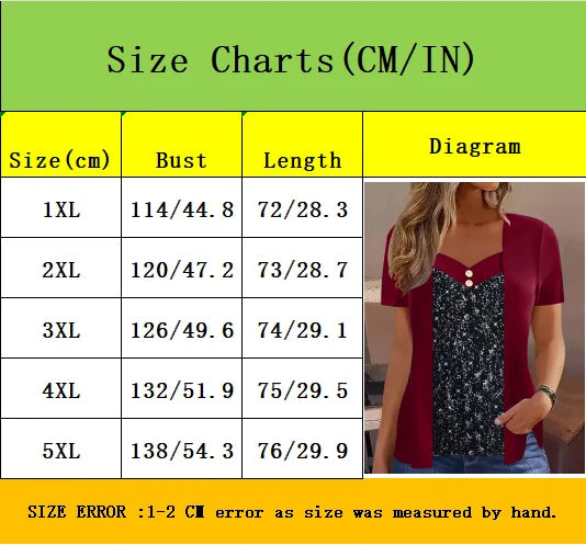 Elegant Summer V-Neck Button Detail Mock Two-Piece Contrast Print Blouse - Plus Size Women's Casual Short Sleeve T-Shirt