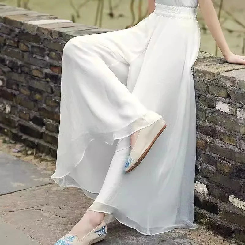 Casual Chiffon Wide Leg Pants Double-layer Loose Breathable Straight Trousers Women Fashion Solid Color Elastic Waist Long Pants