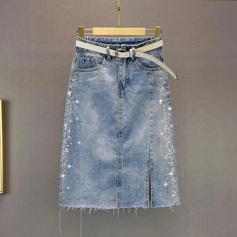 New Diamond inlay Split Vintage Casual Denim Skirt Female 2024 Summer Trend Fashion High Waist Slim Wrap Hip Half Skirt Women's