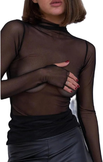 Spring Summer Womens Long Sleeve Sexy Black Mesh Top Blouses Transparent Punk Club Shirt Tees Beach Tops