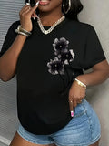 Women's Casual T-Shirt - Black Floral Print Short Sleeve Crew Neck Top Lightweight Breathable Fabric Ladies T Shirts - OneLoveCanada