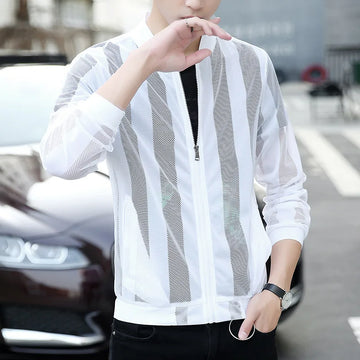 2024 New Mesh Stripe Sun Protection Clothing Trend Summer Men Skin Clothing Solid Color Wild Jacket Large Size S-3XL 4XL 5XL