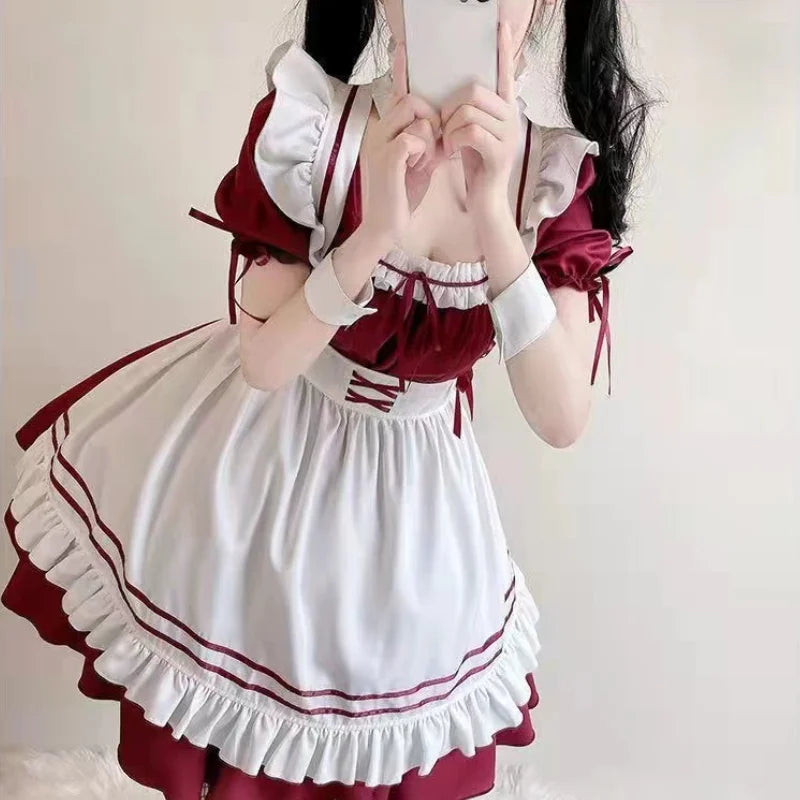 Women's Dress Red White Lolita Maid Costume Cosplay Costumes Cute Dress Sexy French Apron Uniform Cafe Maid Party Skirt