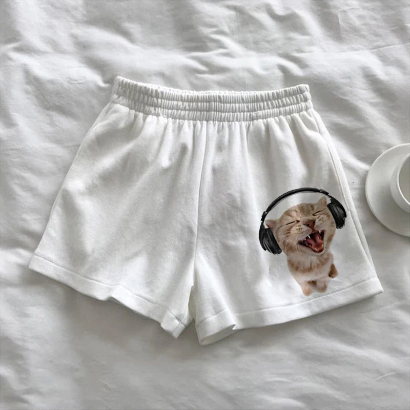 Y2k Loose Women's Shorts High Waist Star Fun Kitten Print Summer Harajuku Fashion Sports Sweatpants Beach Y2K Clothing