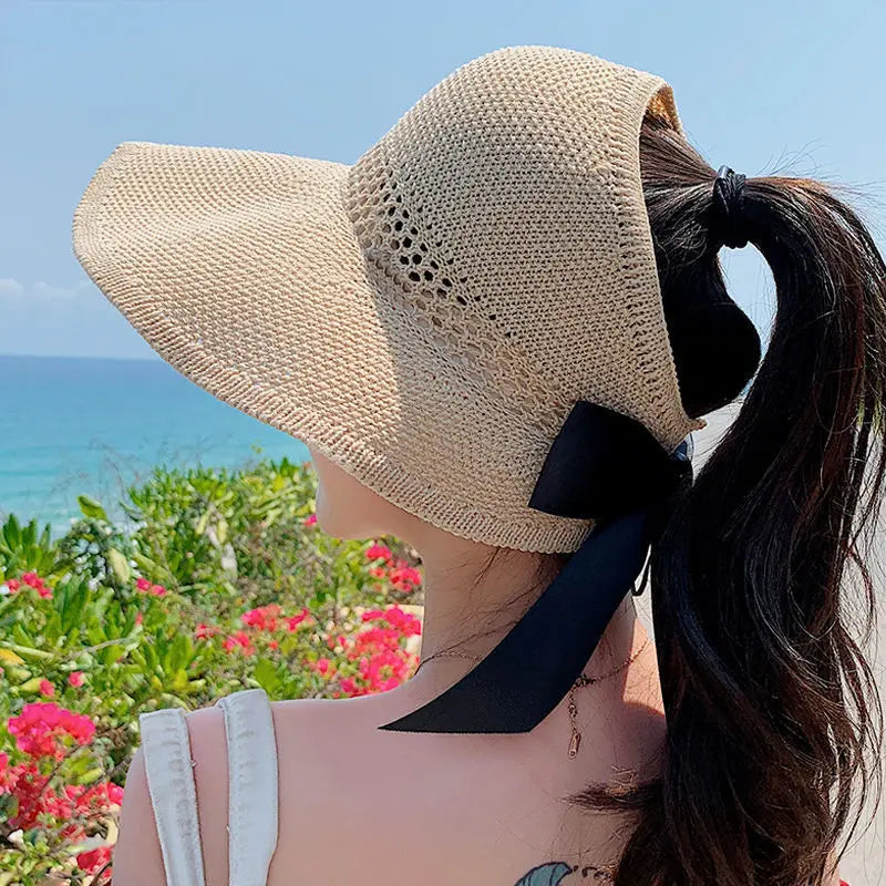 Summer Straw Hat for Women Korean Bow Empty Top Sun Hats Foldable UV Protection Wide Brim Female Beach Visor Caps 여름모자