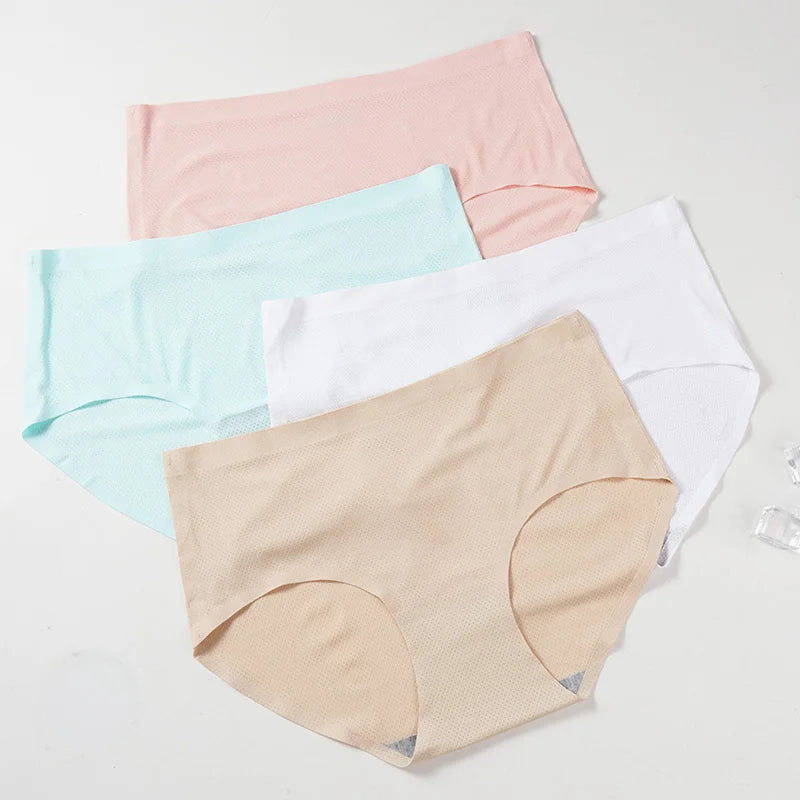 Women's Seamless Ice Silk Panties Mid-Waist Breathable Underwear Sexy Briefs Solid Color Lingerie Comfortable Ladies M-XL