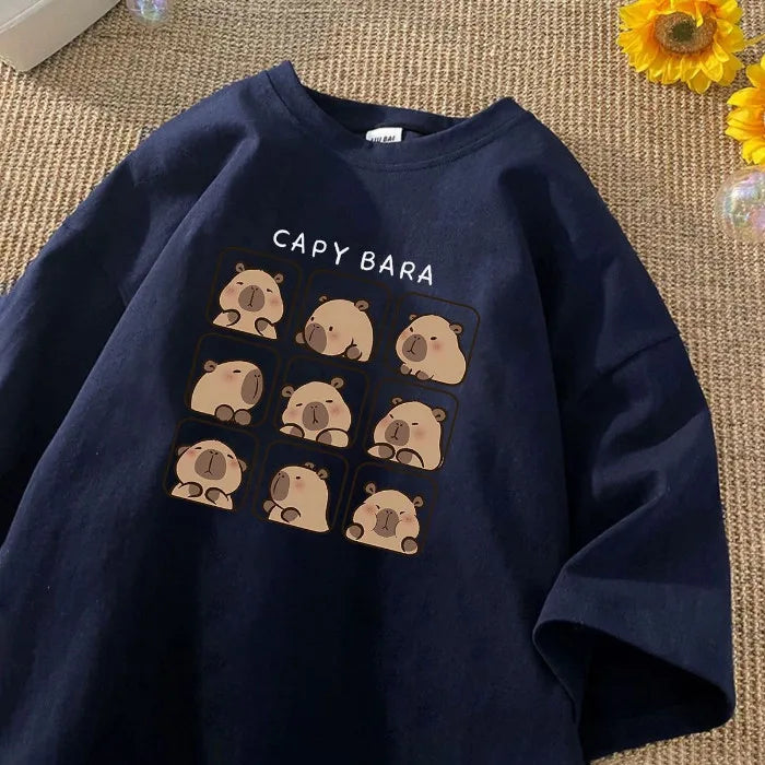 Loose Cute Cartoon Summer Short Sleeved T-shirt for Women's Casual Versatile Round Neck Men's Top