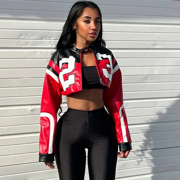 Women New Faux Leather Fashion  Jacket Hipster Letter Print Autumn Casual Sporty Wild Streetwear Uniform Trend Female Crop Coat