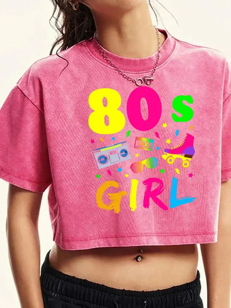 80 S Girl Colorfulprinting Female Washed Short Tshirt Breathable Summer T Shirt Casual Fashion Midriff-Baring Distress Tops