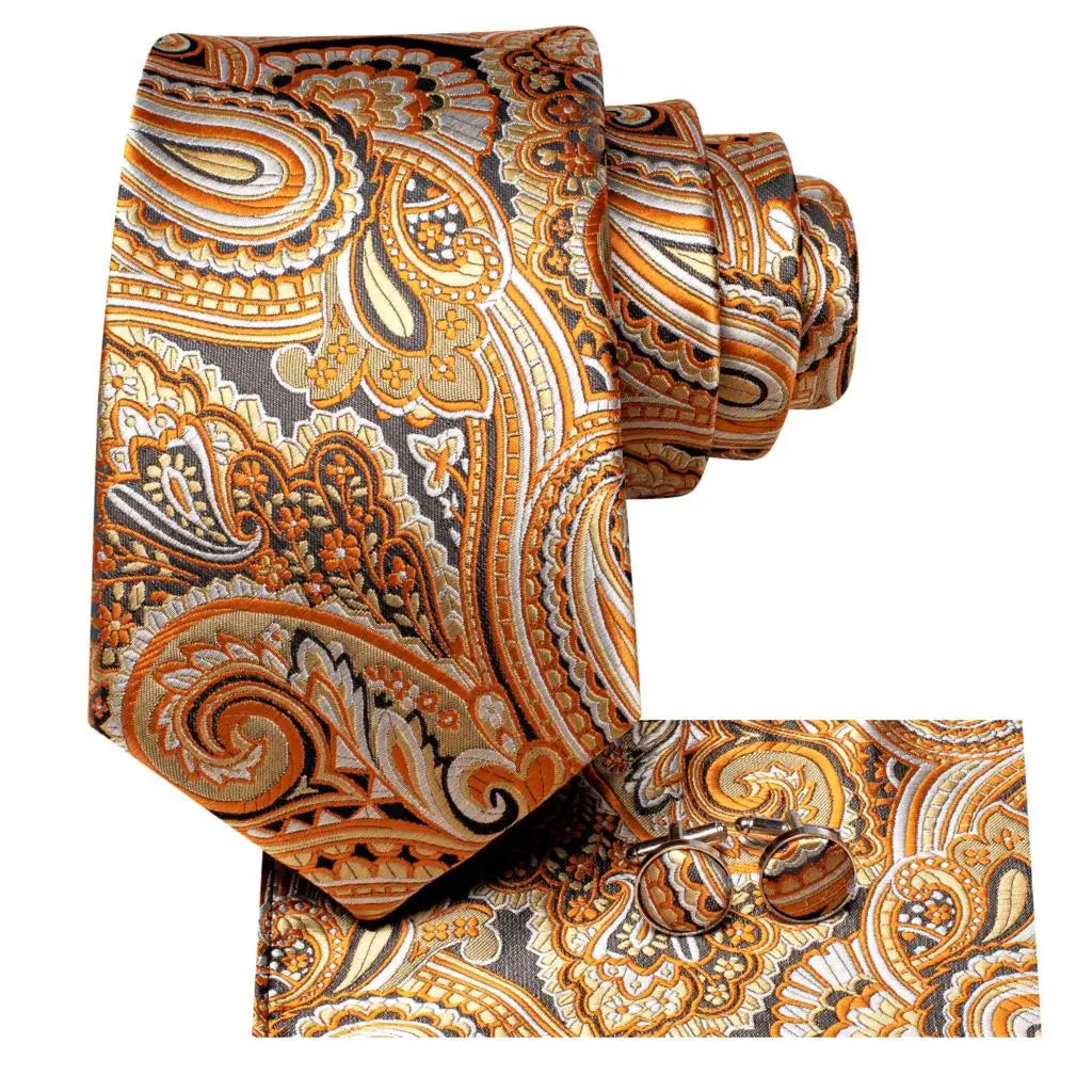 Hi-Tie Designer Orange Grey Paisley 2023 New Fashion Brand Tie for Men Wedding Party Necktie Set Handky Cufflinks Gift Wholesale