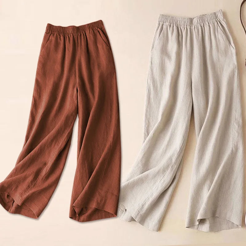 Women Cotton Linen Wide Leg Pants Female Summer Pants Full Length Casual Pants Fashion Solid Loose High Waist Straight Trousers