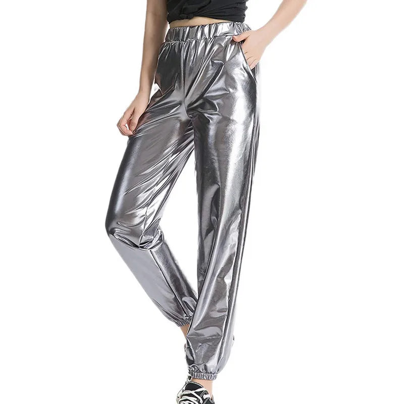 Women Shiny Metallic Jogger Pants, High Waist Stretchy Holographic Color Hip Hop Trousers