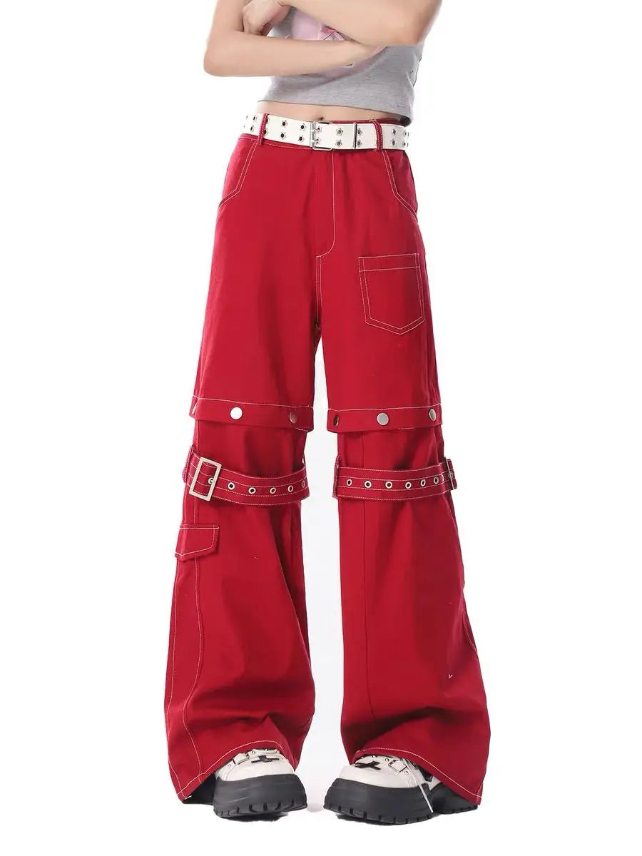 Spicy Girl High Street Red Cargo Jeans Women Summer American Retro Detachable Design High Waist Loose Casual Wide Leg Pants