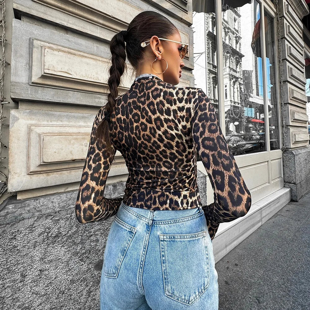ZAROY Leopard Print Women Drawstring T-Shirt Spring Long Sleeve O Neck Slim Vintage Tees Lady Y2K Midriff-baring Tops Streetwear