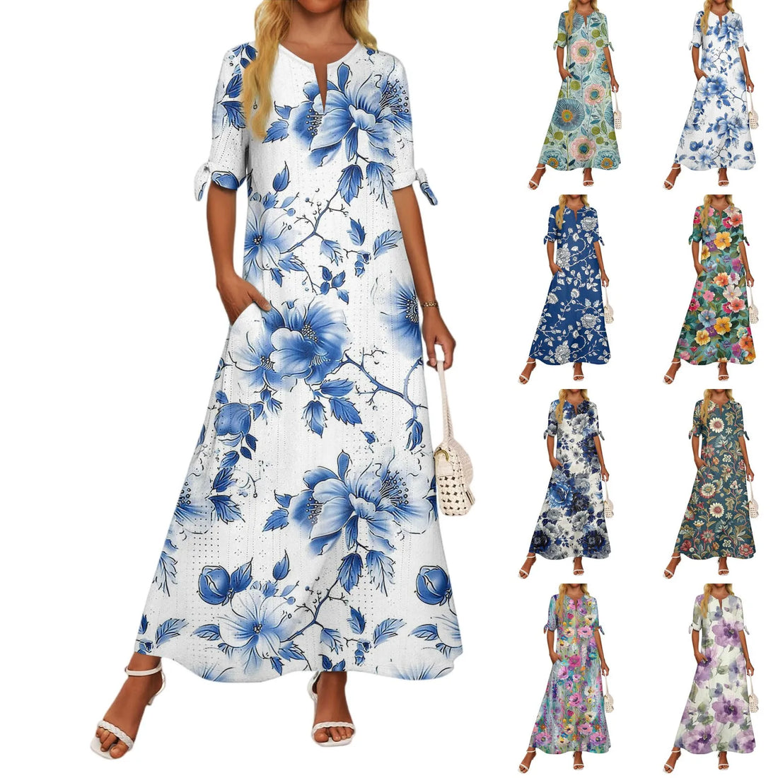 Ladies Casual Fashion Temperament Elegant Waist Patchwork Floral Print Long Dress Women Dresses 2025 Trend Womens Summer Dresses