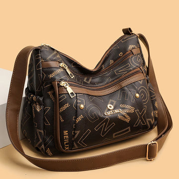 Ladies Middle-Aged Mother Bag Large Capacity Printed Work Clothing Soft Leather Multi-Pocket Cross-Body Bag Retro Shoulder Bag