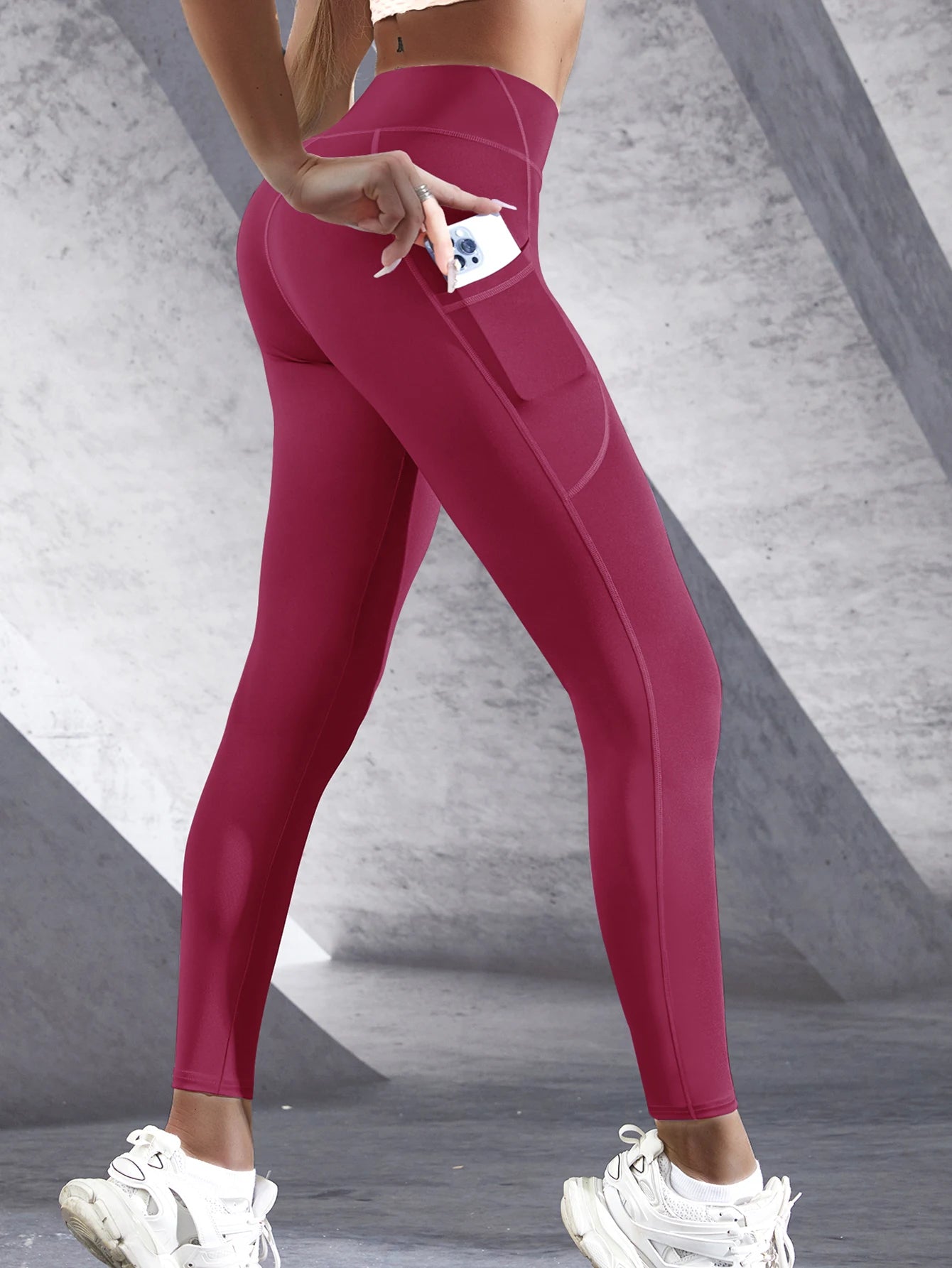 New High Waist Women's Leggings Stretch Yoga Pants Tights With Pockets Push Up Fitness Running Sportswear Solid Color Pants - OneLoveCanada