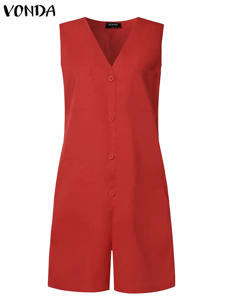 2025 VONDA Women Summer Short Jumpsuits Sexy Sleeveless Rompers Casual Loose Fashion V Neck Pockets Solid Playsuits Overalls