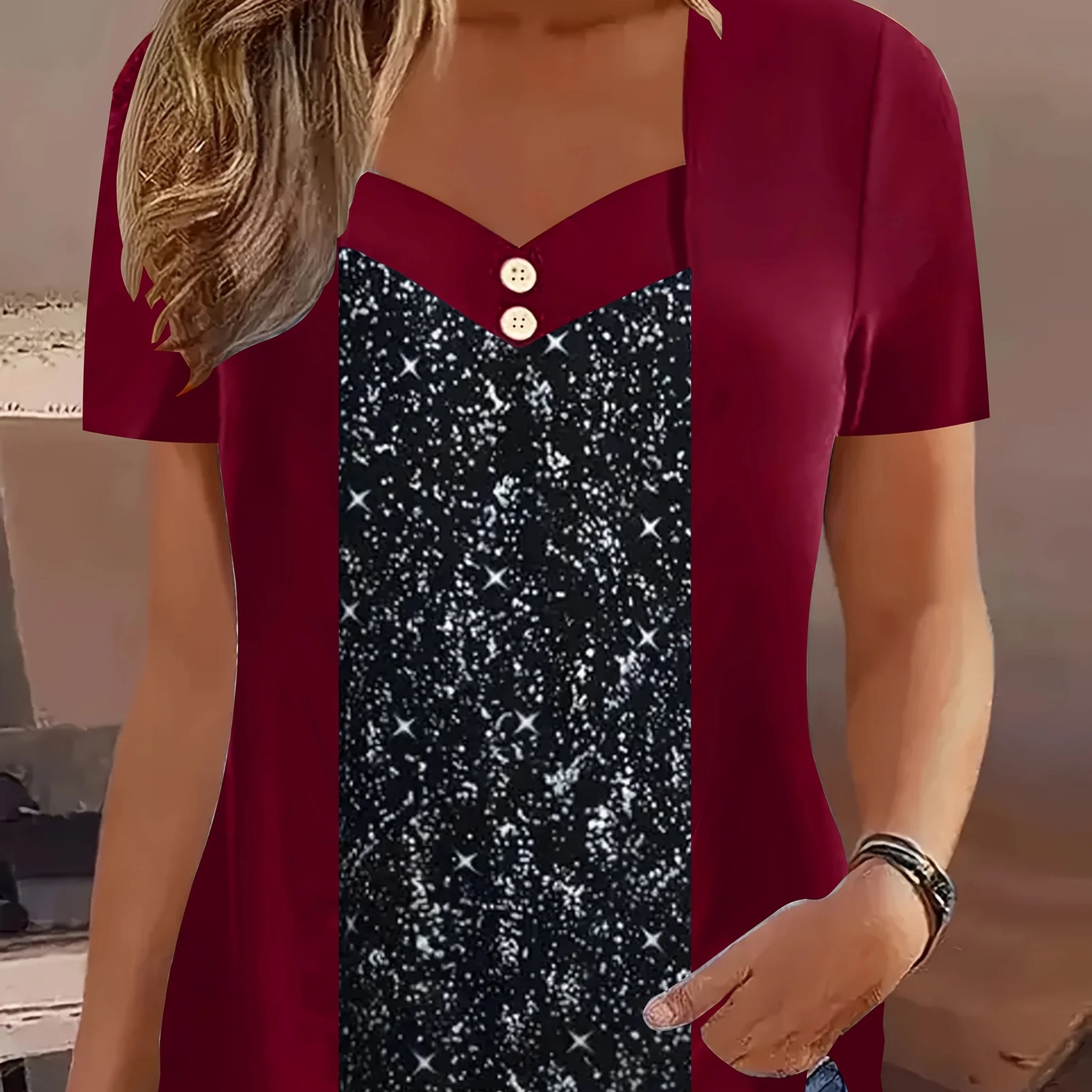 Elegant Summer V-Neck Button Detail Mock Two-Piece Contrast Print Blouse - Plus Size Women's Casual Short Sleeve T-Shirt