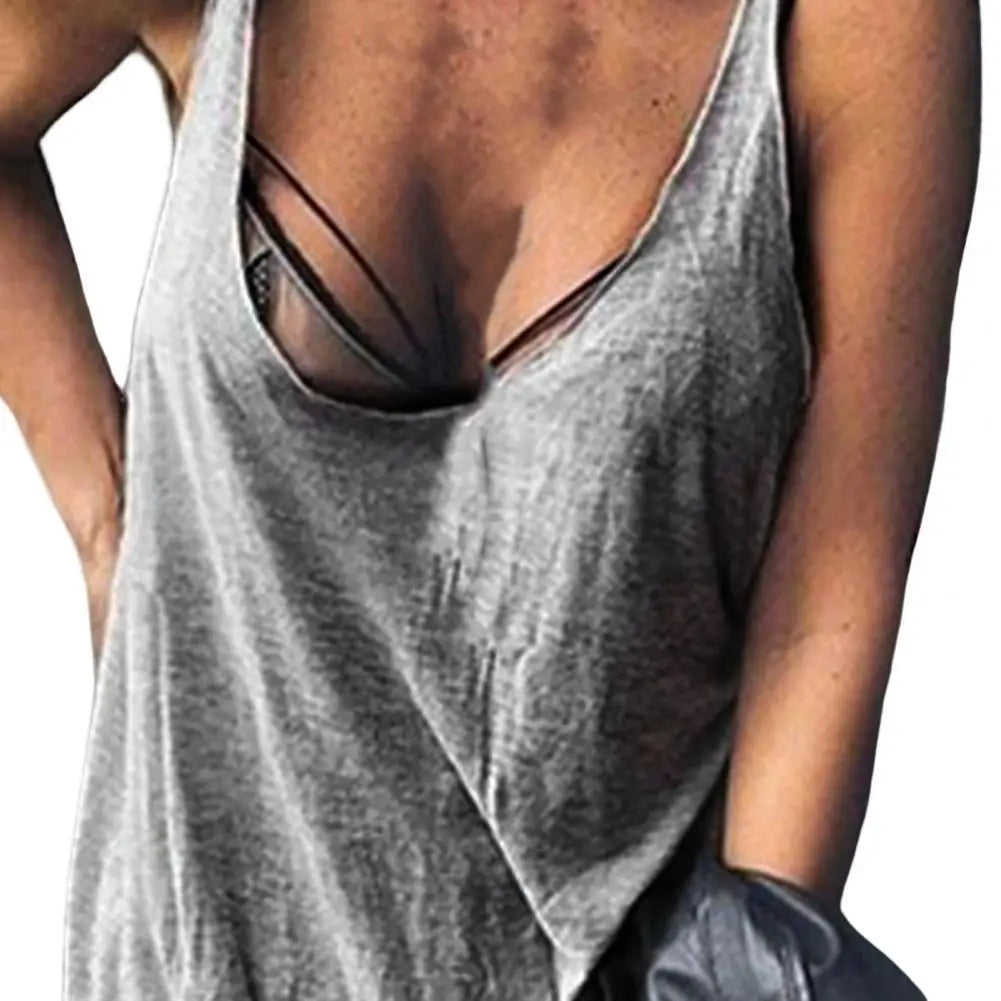 Lady Casual Solid Color Loose Tees U-neck Sleeveless Thin Women Vest Low Collar Stretchy Lady Summer Simple T-shirt Streetwear - OneLoveCanada