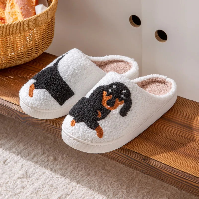 Autumn Winter Women New Warm Home Slippers Men Cute Dachshund Puppy Plush Slides Couple Funny Cartoon Animal Cotton Flat Sandals