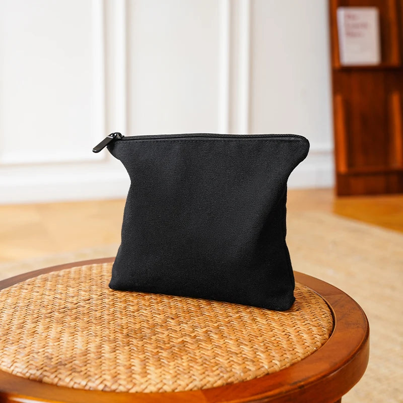 Pure Black Makeup Bag Women's Portable Cosmetic Lipstick Storage Bag Zipper Single Layer Canvas Bag Commuter Toiletry Bag Ins