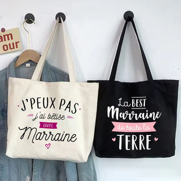 Best Godmother French Print Women Tote Bag Canvas Shopping Bags Female Shoulder Bag Women Travel Handbag Best Gift for Marraine
