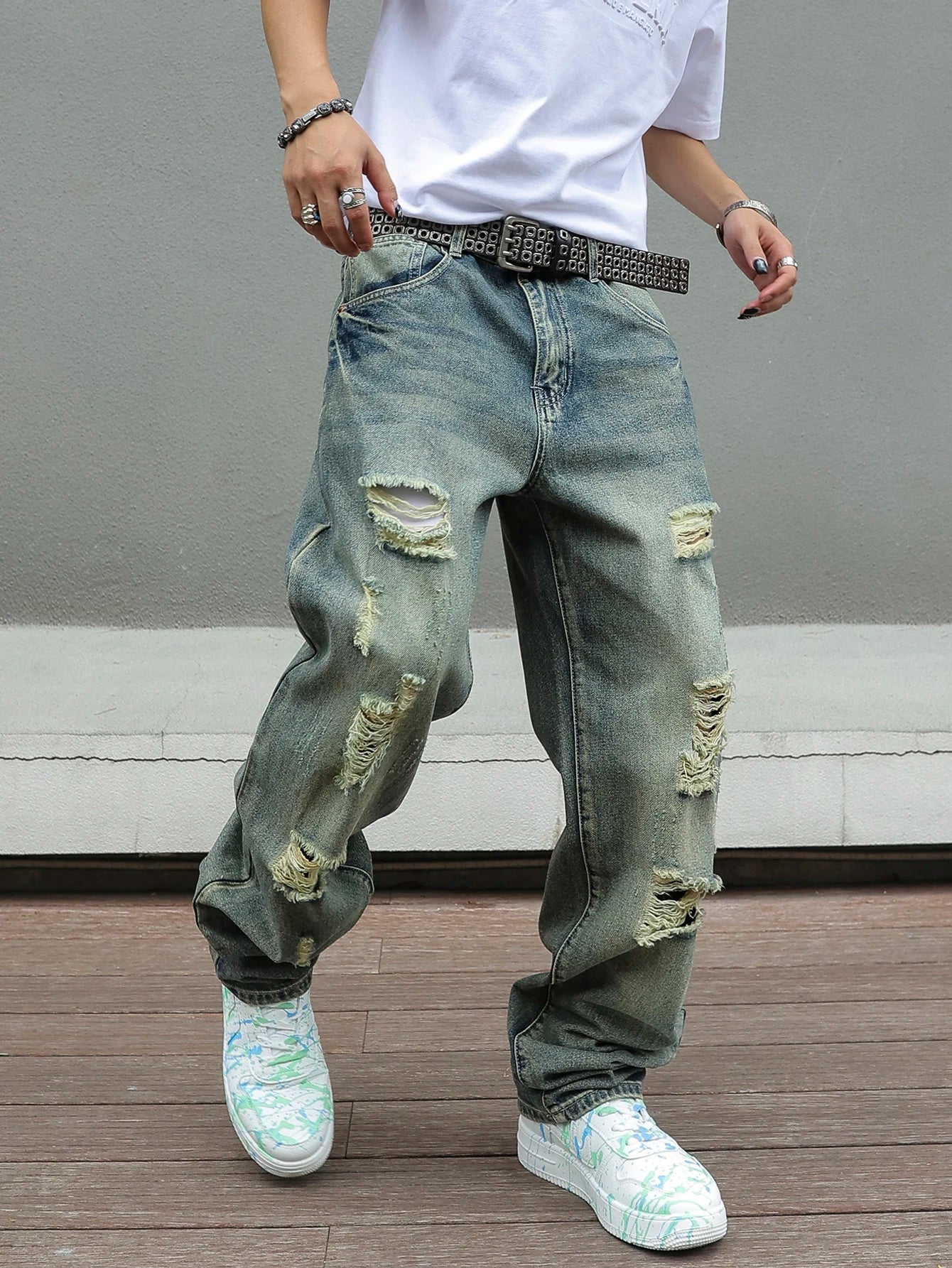 Y2K Distressed Skinny Jeans for Men Ripped Vintage High-Waisted Hip-Hop Streetwear Style