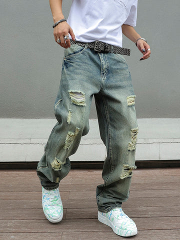 Y2K Distressed Skinny Jeans for Men Ripped Vintage High-Waisted Hip-Hop Streetwear Style