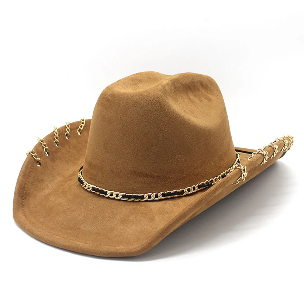 Trendy Western Cowboy Hat for Men And Women with Metal Chain Wide Brim Suede Visor Fashion Jazz Cap