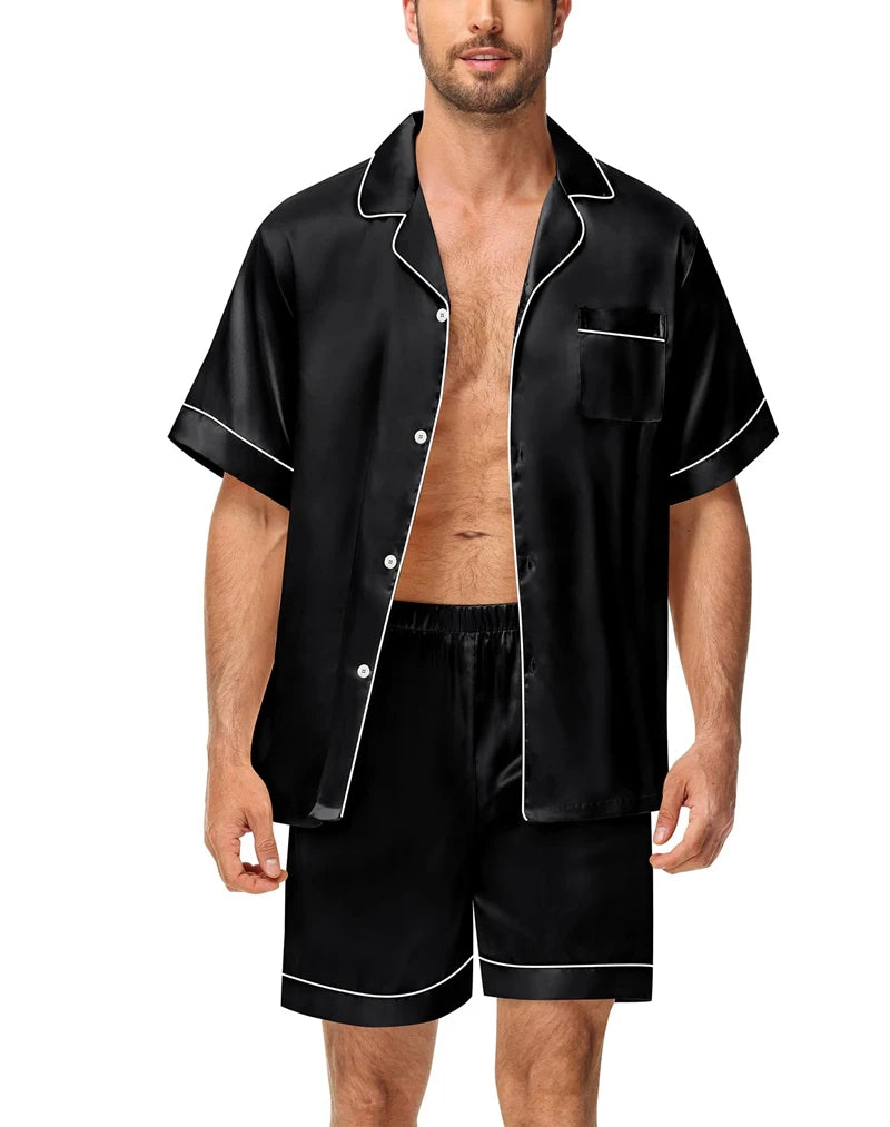 Men's Luxury Satin Pajama Set Solid Color Short Sleeve Lapel Top And Elastic Shorts Comfortable Fit Summer Loungewear Sleepwear