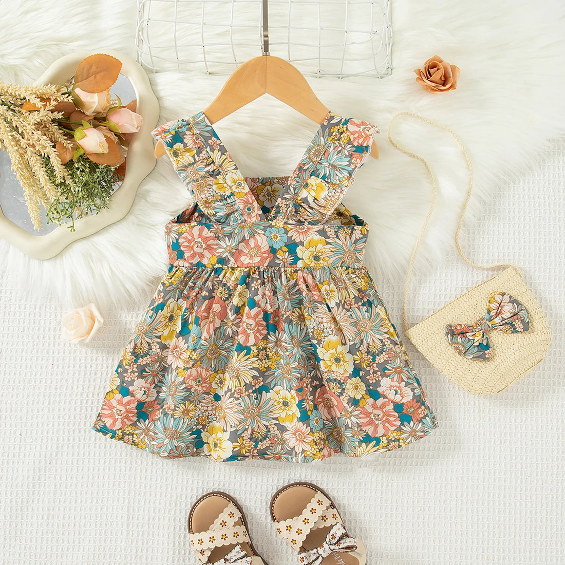 2 Pcs Summer New Baby Girl Dress Fashionable Floral Fly Sleeve Cotton Dress with Crossbody Bag Suitable for Babies Aged 0-3