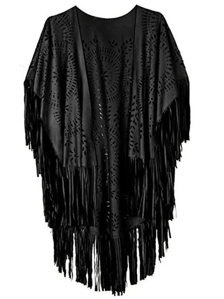 2025 New In Camel Suede Floral Hollow Out Fringe Tassel Shawl Women Vintage Bohemian Capes Ponchos Beach Cardigan Boho Cloak