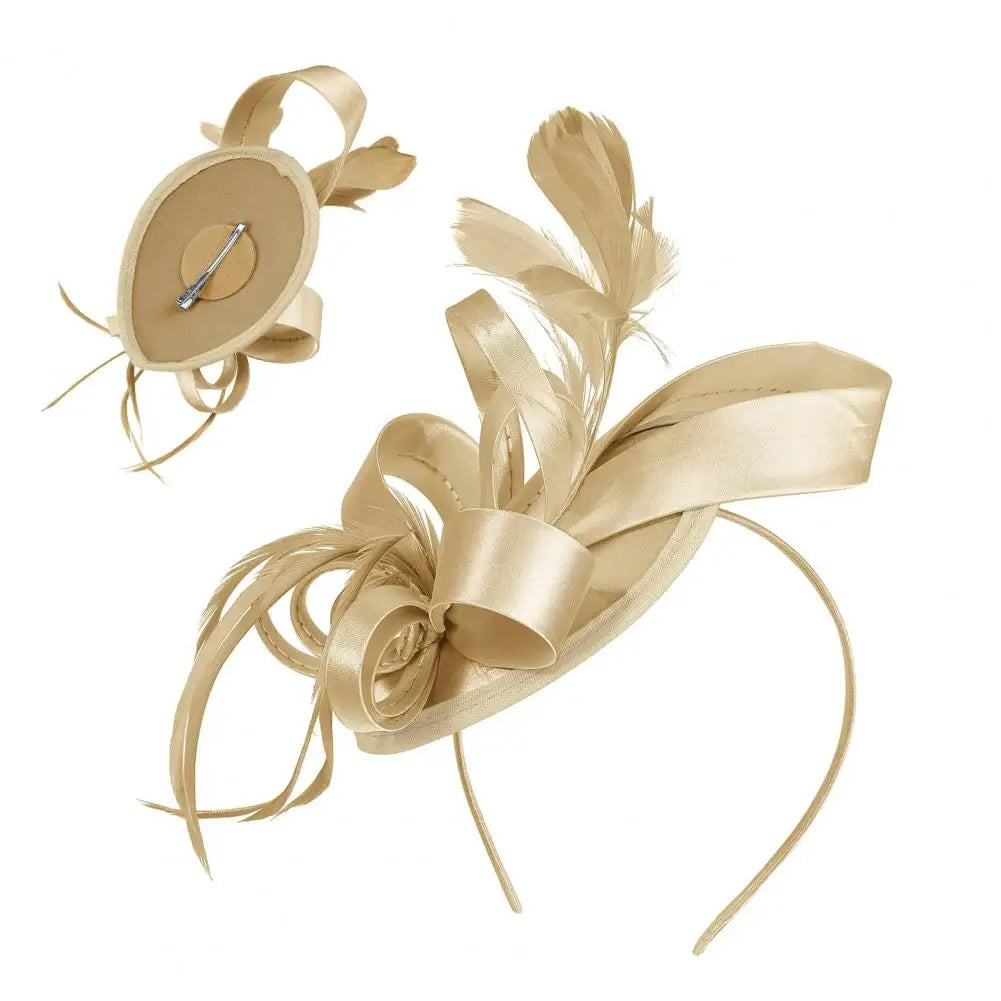 New in Hair Hoop Fascinator Hat with Hair Clip Elastic Band Faux Feather Ribbon Decor Satin Fabric Women Headband Accessories