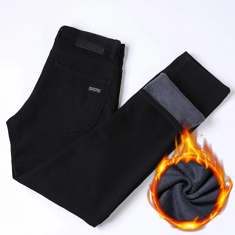 2025 New Winter Pure Black Fleece Thick Warm Jeans Men's loose Straight Elastic Denim Pants classics Casual Plush Trousers