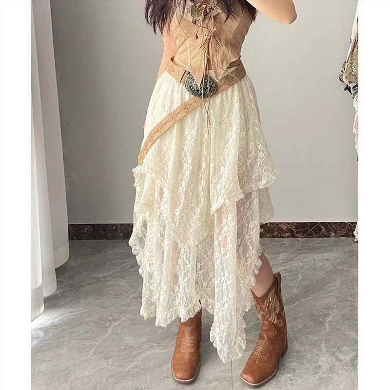 Skirts Women Y2k Spring Summer 2025 New In Korean Fashion Harajuku Long Maxi Skirt Woman Clothing Vintage Lace Women's Skirt