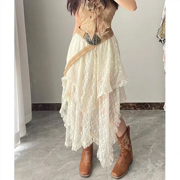 Skirts Women Y2k Spring Summer 2025 New In Korean Fashion Harajuku Long Maxi Skirt Woman Clothing Vintage Lace Women's Skirt