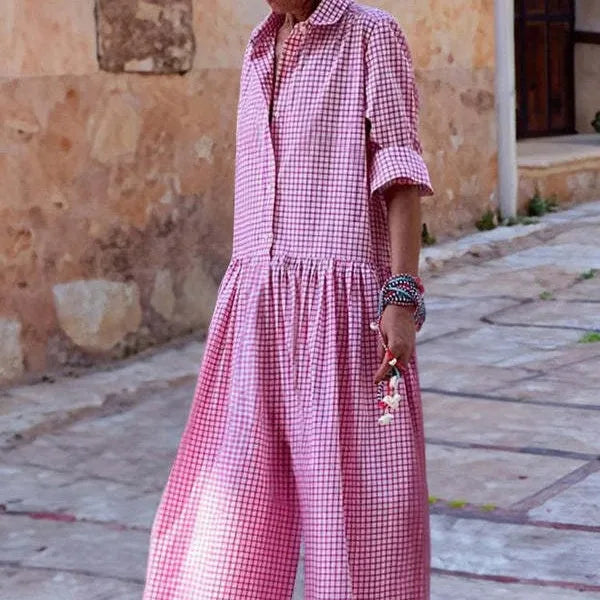 Loose Casual Plaid Print Jumpsuit Fashion Lapel Single Breasted Half Sleeved Wide Leg Jumpsuit Spring Summer Fashion Lady New
