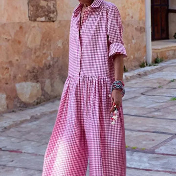 Loose Casual Plaid Print Jumpsuit Fashion Lapel Single Breasted Half Sleeved Wide Leg Jumpsuit Spring Summer Fashion Lady New