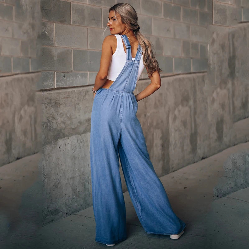 Fitshinling Casual Oversized Loose Denim Rompers Jumpsuit Women Fashion Solid Sleeveless Jeans Playsuits Long Overalls Female