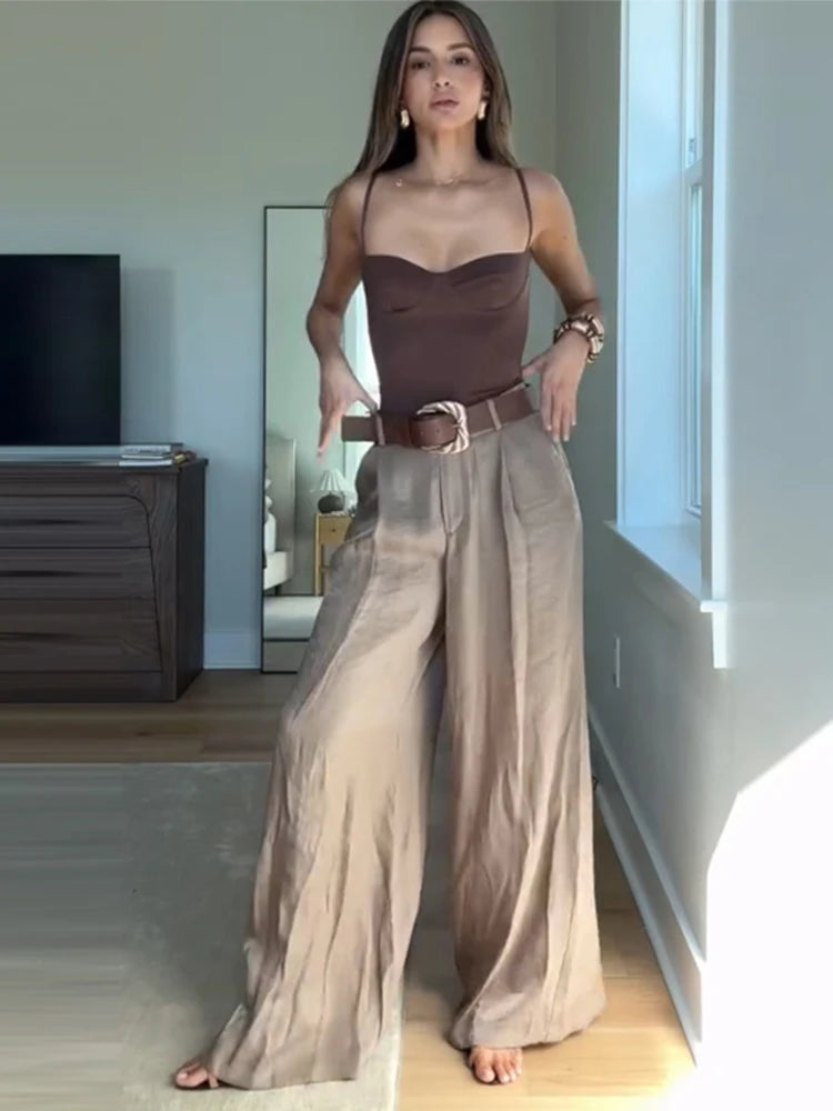Women's Straight Pants Solid High Waist Belt Pockets Wide Leg Long Trousers Female 2025 Spring Lady Vintage High Street Wears